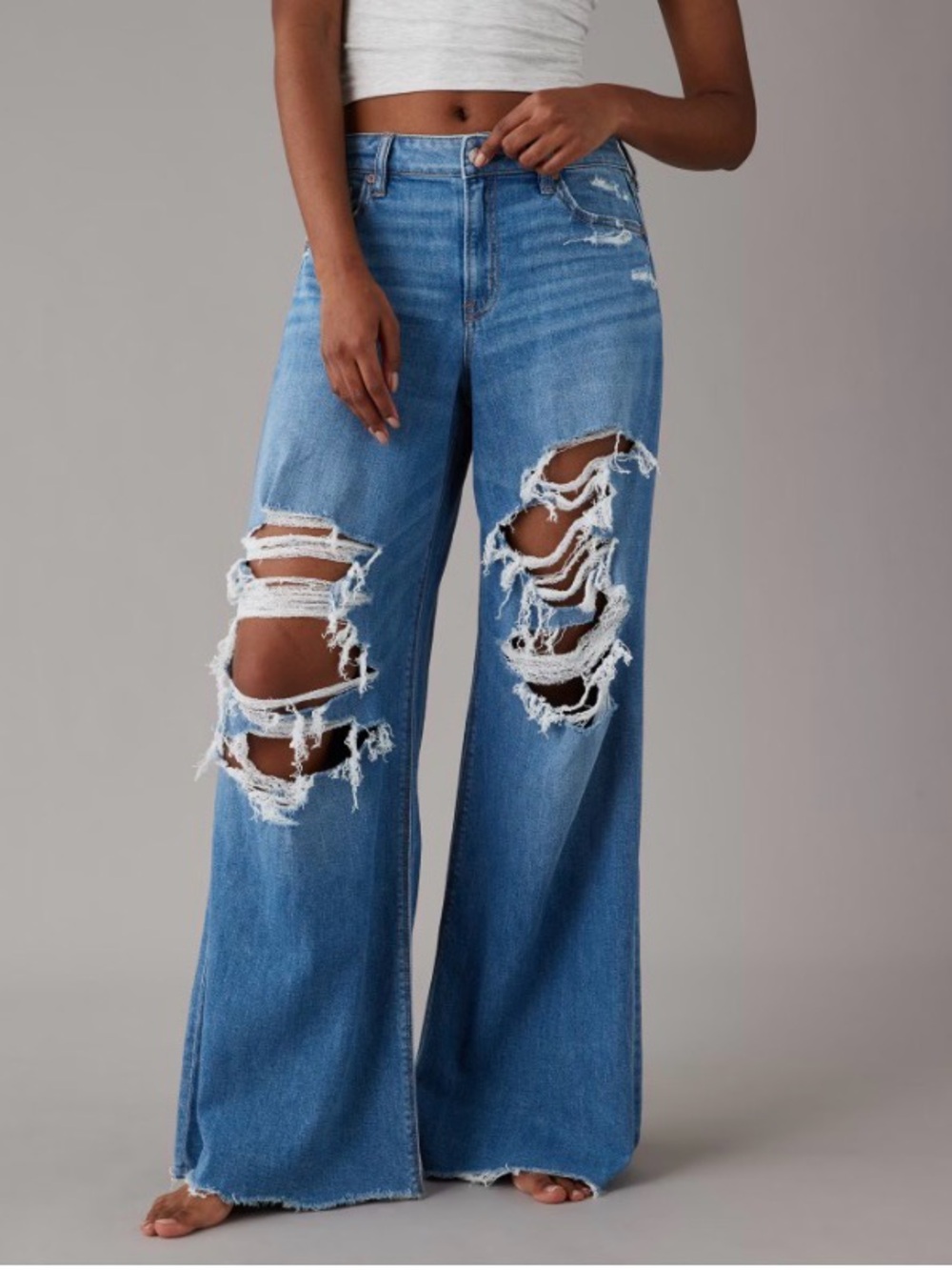 American Eagle High-Rise Distressed Wide-Leg Women’s Jeans - Blue